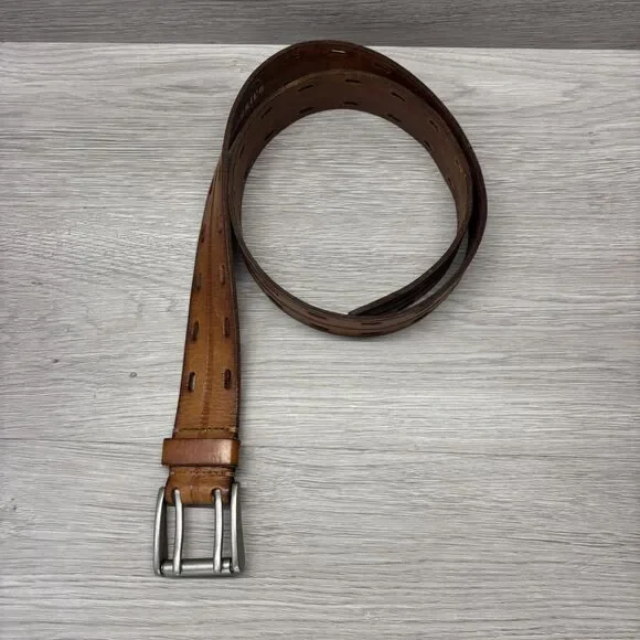 VTG Fossil Leather Belt Brown Full Grain Perforated Mens Size 90/36 Double Prong - Picture 4 of 8